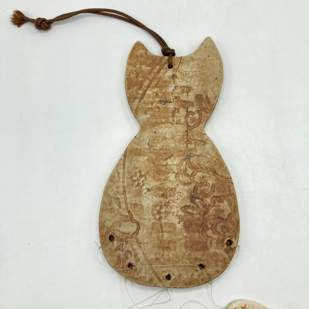 Handmade Art Pottery Cat Kitten Moon Wind Chime Wall Hanging Folk Art Stamped
